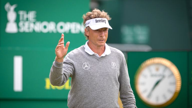 Defending champion Bernhard Langer acknowledges the fans as he steps onto the 1st tee during day three of the Senior Open at Old Course St Andrews. 