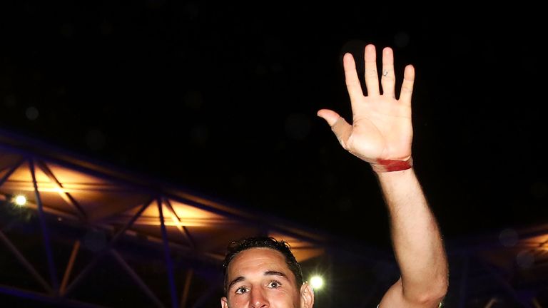  Billy Slater of Queensland waves to the crowd as he celebrates victory after game three of the State of Origin 