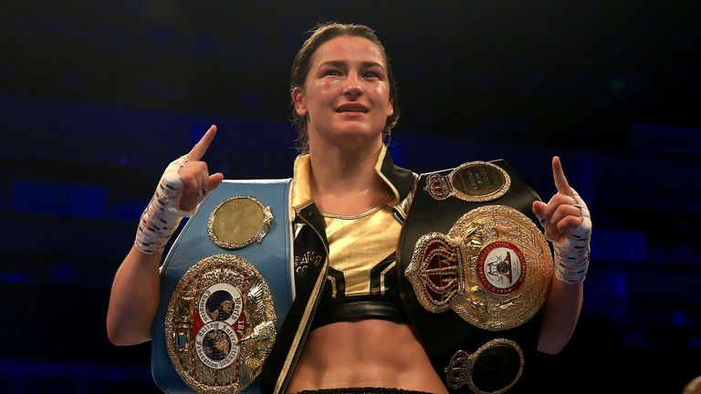 Katie Taylor celebrates victory over Kimberly Connor after the WBA and IBF World Lightweight Championship title fight between Katie Taylor and Kimberly Connor at The O2 Arena on July 28, 2018 in London, England