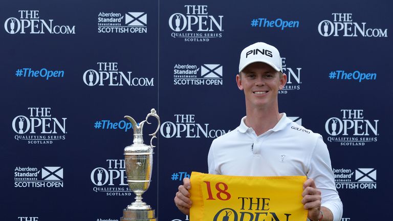 Brandon Stone of Republic of South Africa poses with the Claret Jug after qualifying for the Open by winning the Scottish Open during the Open Qualifying Series as part of the Aberdeen Standard Investments Scottish Open at Gullane Golf Course on July 15, 2018 in Gullane, Scotland. (Photo by Mark Runnacles/R&A/R&A via Getty Images)