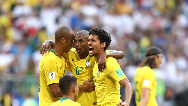Miranda, Fernandinho and Marquinhos during the 2018 FIFA World Cup Russia Round of 16 match between Brazil and Mexico at Samara Arena on July 2, 2018 in Samara, Russia.
