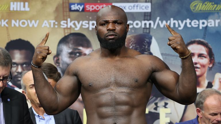 WHYTE-PARKER PROMOTIOM.WEIGH INE,.SPITTALFIELDS.LONDON.PIC;LAWRENCE LUSTIG.HEAVYWEIGHT .DERECK CHISORA AND CARLOS TAKAM WEIGH IN FOR THEIR FIGHT ON EDDIE HEARNS MATCHROOM PROMOTION AT LONDONS O2 ARENA TOMORROW(SAT 28TH JULY).