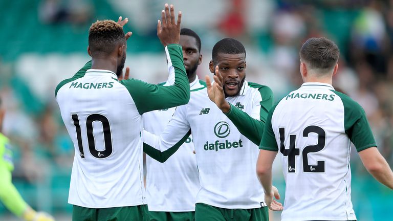 Celtic players celebrate during their 7-0 win at Shamrock Rovers