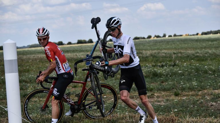Reigning champion Chris Froome crashed on day one this year