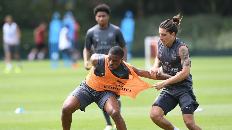 Chuba Akpom and Hector Belerin during a training session at London Colney on July 4, 2018