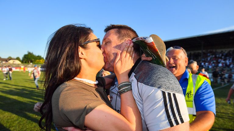 Cian O'Neill is congratulated by his wife Tammy