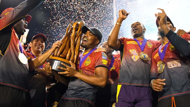 Darren Bravo of Trinbago Knight Riders with trophy after the Finals of the 2017 Hero Caribbean Premier League 