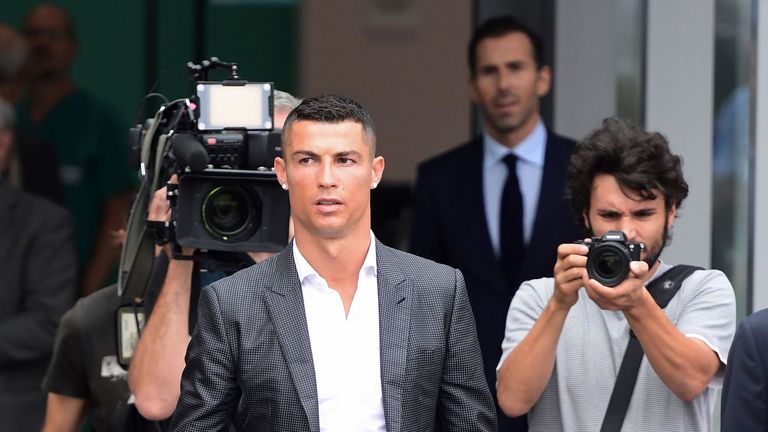 Cristiano Ronaldo arrives at the Juventus medical centre at the Allianz Stadium in Turin
