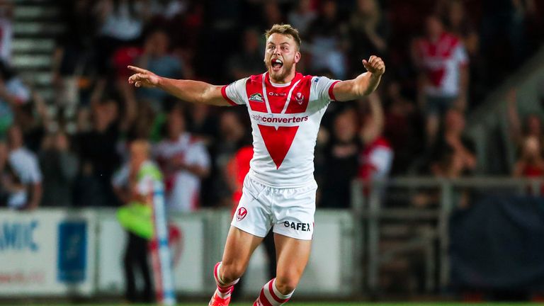 Picture by Alex Whitehead/SWpix.com - 26/07/2018 - Rugby League - Betfred Super League - St Helens v Warrington Wolves - Totally Wicked Stadium, St Helens, England - St Helens&#39; Danny Ruchardson celebrates kicking the winning points in the last play of the game.