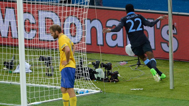 Danny Welbeck celebrates after scoring for England against Sweden at Euro 2012