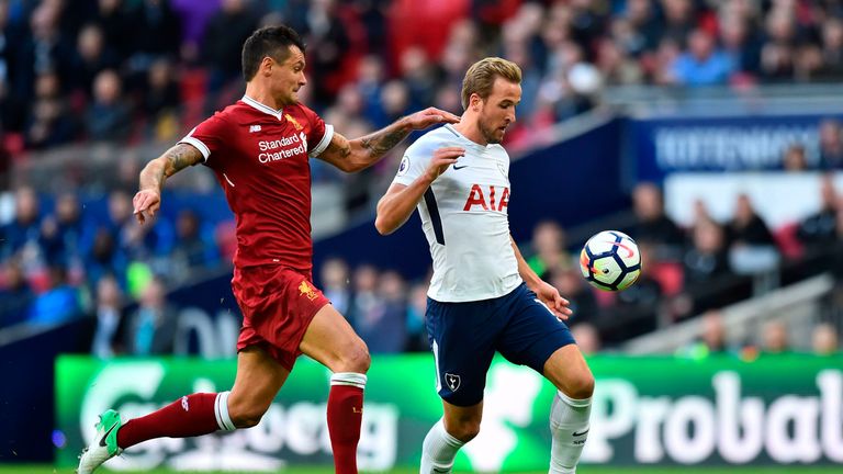 Dejan Lovren and Harry Kane compete for the ball in the Premier League match between Liverpool and Tottenham at Wembley in October 2017