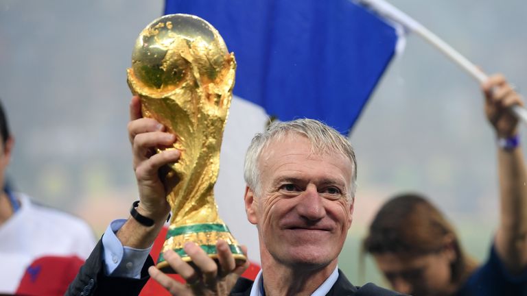 Didier Deschamps, Manager of France celebrates with the World Cup Trophy following his sides victory in the 2018 FIFA World Cup Final between France and Croatia at Luzhniki Stadium on July 15, 2018 in Moscow, Russia
