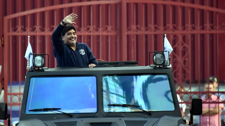 Diego Maradona rode a tank as he was presented as Dynamo Brest chairman
