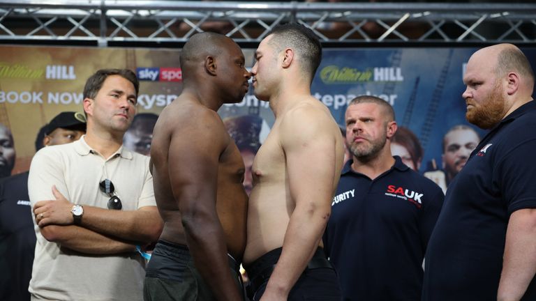 WHYTE-PARKER PROMOTIOM.WEIGH INE,.SPITTALFIELDS.LONDON.PIC;LAWRENCE LUSTIG.WBC SILVER AND WBO INTERNATIONAL HEAVYWEIGHT TITLE.DILLIAN WHYTE AND JOSEPH PARKER WEIGH IN FOR THEIR FIGHT ON EDDIE HEARNS MATCHROOM PROMOTION AT LONDONS O2 ARENA TOMORROW(SAT 28TH JULY).
