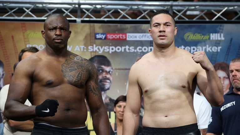 WHYTE-PARKER PROMOTIOM.WEIGH INE,.SPITTALFIELDS.LONDON.PIC;LAWRENCE LUSTIG.WBC SILVER AND WBO INTERNATIONAL HEAVYWEIGHT TITLE.DILLIAN WHYTE AND JOSEPH PARKER WEIGH IN FOR THEIR FIGHT ON EDDIE HEARNS MATCHROOM PROMOTION AT LONDONS O2 ARENA TOMORROW(SAT 28TH JULY).