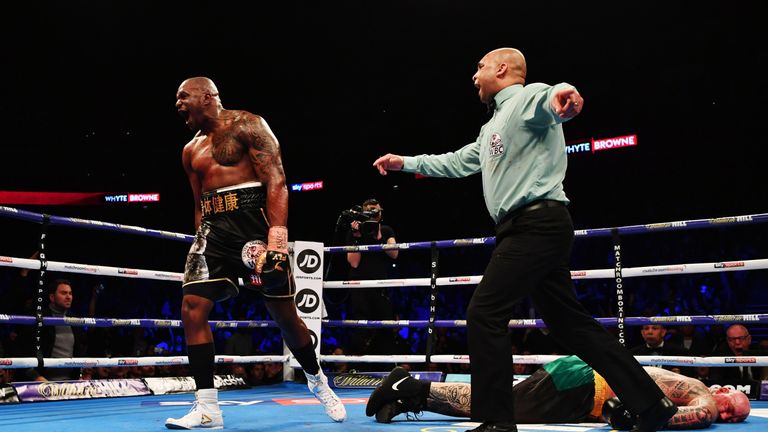 LONDON, ENGLAND - MARCH 24:  Dillian Whyte celebrates as he knocks out Lucas Browne in the sixth round for victory during their WBC Silver Heavyweight Championship  at The O2 Arena on March 24, 2018 in London, England.  (Photo by Dan Mullan/Getty Images)