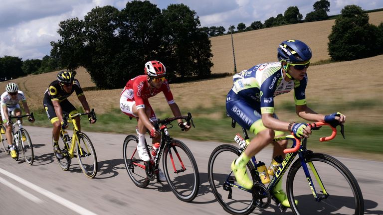 Dion Smith leads the breakaway group of five that spent most of stage six several minutes ahead of the peloton