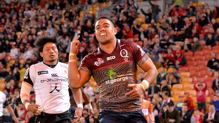 Duncan Paia'aua of the Reds celebrates his try against the Sunwolves