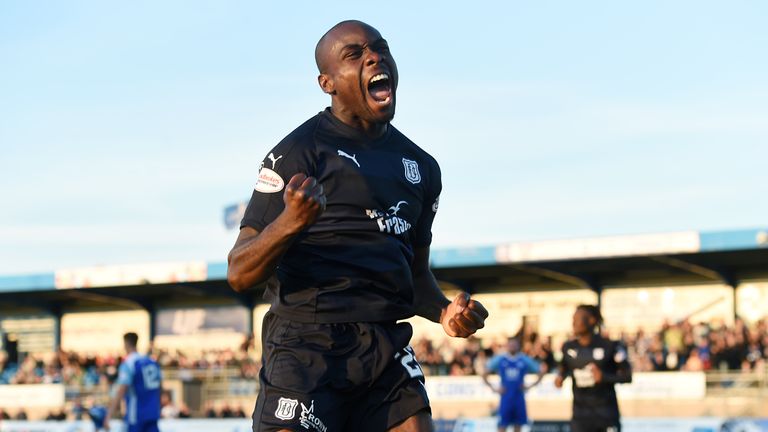 25/07/18 BETFRED CUP GROUP D. PETERHEAD V DUNDEE (0-2). BALMOOR STADIUM - PETERHEAD. Dundee's Kharl Madianga celebrates after scoring to make it 1-0