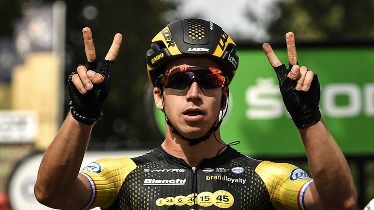 Dylan Groenewegen celebrates his second stage win in as many days