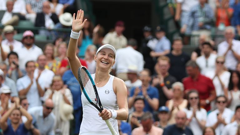 Russia's Ekaterina Makarova celebrates after beating Denmark's Caroline Wozniacki 6-4, 1-6, 7-5 in their women's singles second round match on the third day of the 2018 Wimbledon Championships at The All England Lawn Tennis Club in Wimbledon, southwest London, on July 4, 2018.