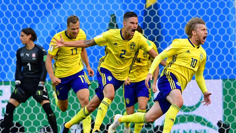 Emil Forsberg celebrates after putting Sweden ahead
