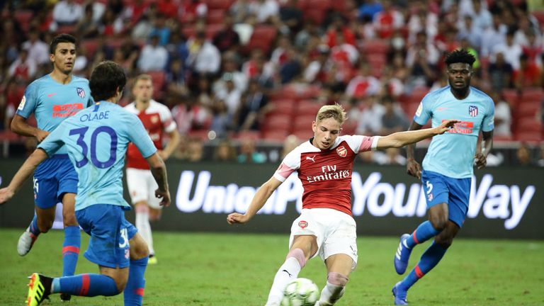 Emile Smith Rowe during the International Champions Cup 2018 match between Club Atletico de Madrid and Arsenal at the National Stadium on July 26, 2018 in Singapore.