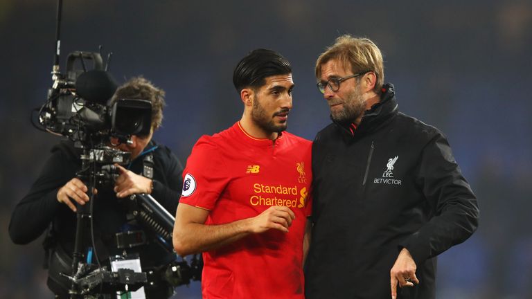 Emre Can and Liverpool manager Jurgen Klopp during the Premier League match against Everton.