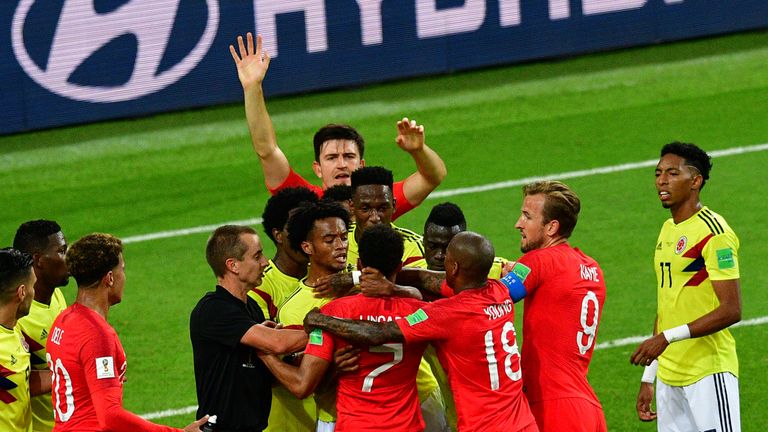 England and Colombia players square up during their last-16 tie in Moscow