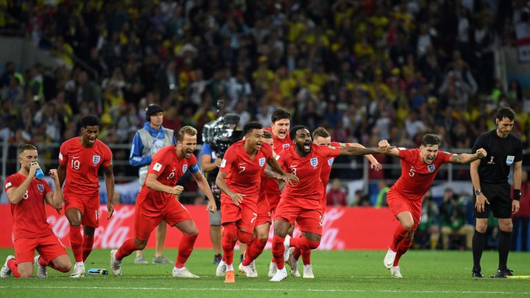 England's players celebrate winning the penalty shootout over Colombia in Moscow