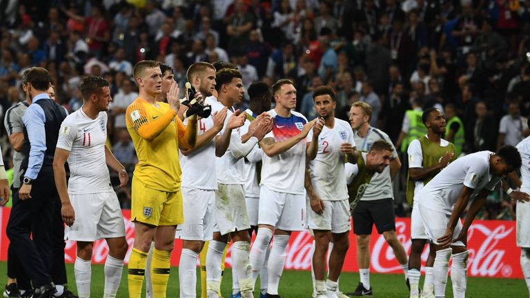 England players acknowledge their fans in Moscow at the final whistle