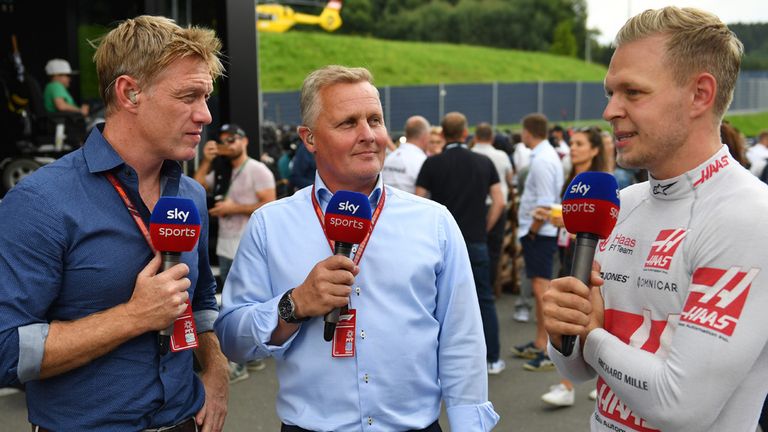 www.sutton-images.com..Simon Lazenby (GBR) Sky TV and Johnny Herbert (GBR) Sky TV talks with Kevin Magnussen (DEN) Haas F1 at Formula One World Championship, Rd9, Austrian Grand Prix, Qualifying, Spielberg, Austria, Saturday 30 June 2018.