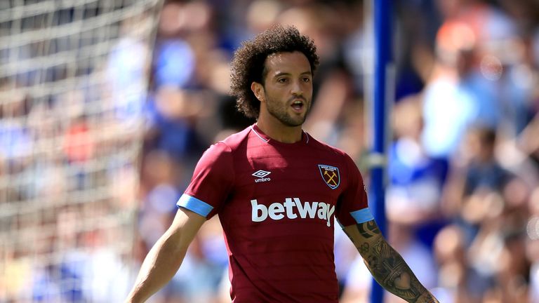 Felipe Anderson celebrates scoring for West Ham in a friendly against Ipswich