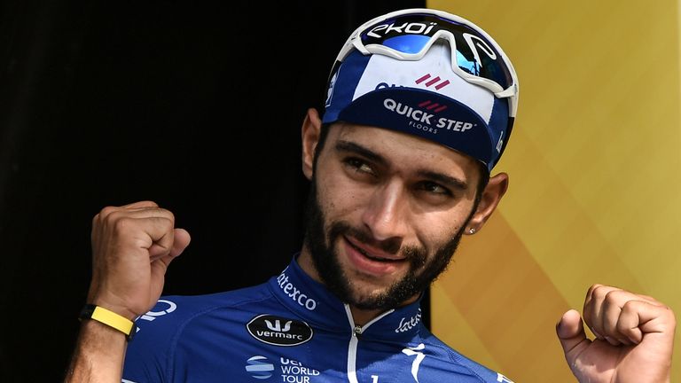 Fernando Gaviria celebrates after winning his second stage of the 2018 Tour de France