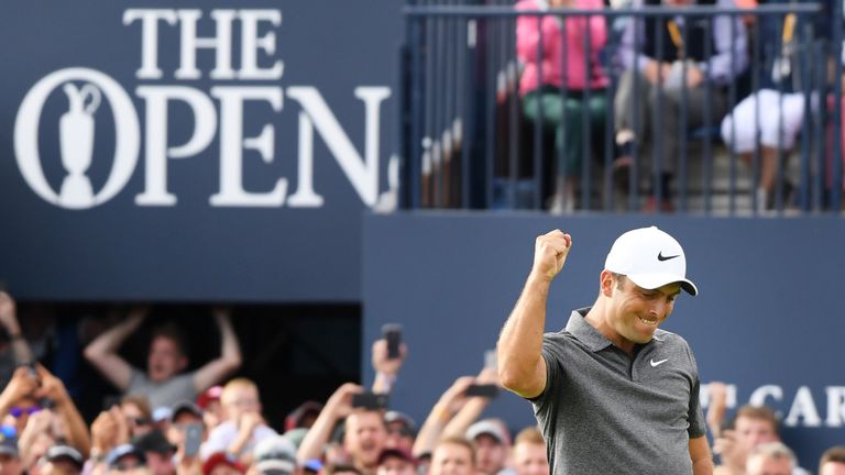 Francesco Molinari of Italy celebrates a birdie on the 18th hole during the final round of the 147th Open Championship at Carnoustie Golf Club on July 22, 2018 in Carnoustie, Scotland