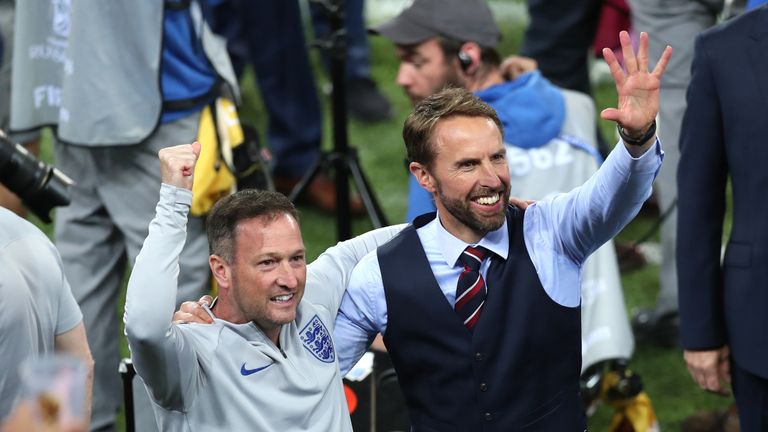 England manager Gareth Southgate and assistant Steve Holland celebrate the penalty shootout victory over Colombia in the last 16