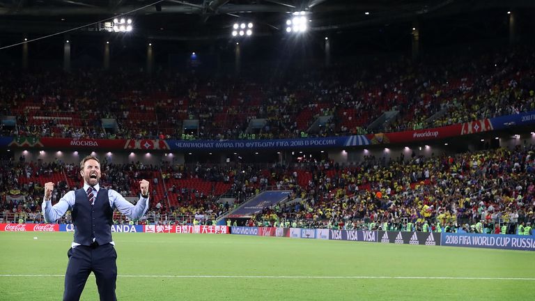 Gareth Southgate celebrates England's penalty shootout win over Colombia in the last 16