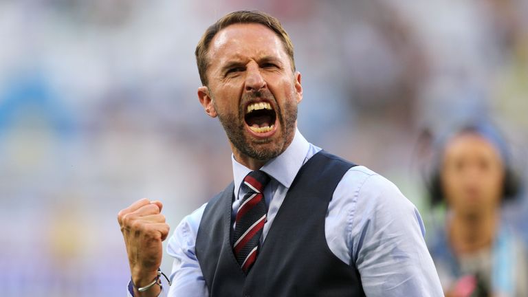 England manager Gareth Southgate celebrates the 2-0 victory over Sweden