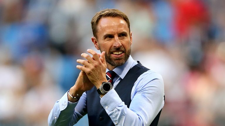 England manager Gareth Southgate celebrates the 2-0 victory over Sweden after the final whistle