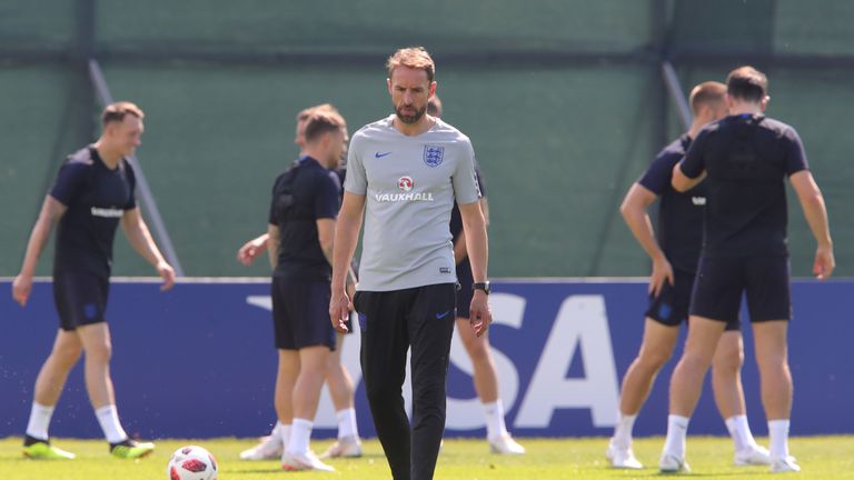 Gareth Southgate appears thoughtful during an England training session on July 13, 2018