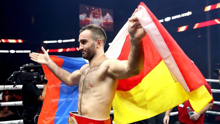 Murat Gassiev celebrates after knocking out  Krzysztof Wlodarczyk in the third round during their IBF Cruiserweight at Prudential Center on October 21, 2017 in Newark, New Jersey.  (Photo by Abbie Parr/Getty Images)