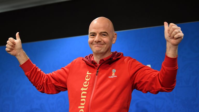 FIFA President Gianni Infantino gives a thumbs up to this summer's World Cup as the tournament draws to a close