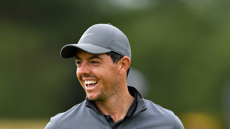  Rory McIlroy of Northern Ireland reacts on a practice round during previews ahead of the 147th Open Championship at Carnoustie Golf Club on July 16, 2018 in Carnoustie, Scotland.