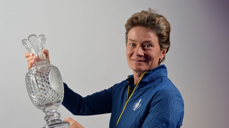 Catriona Matthew of Scotland poses as she is announced as the European Team Captain for the 2019 Solheim Cup to be held at Gleneagles during a press conference at the Edinburgh International Conference Centre on September 21, 2017 in Edinburgh, Scotland.