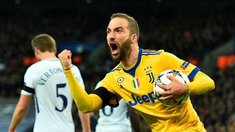 Gonzalo Higuain celebrates scoring to make it 1-1 during the UEFA Champions League Last 16, second leg between Tottenham Hotspur and Juventus at Wembley Stadium in London, on March 7, 2018