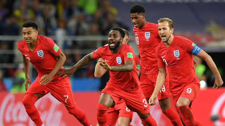 England players celebrate beating Colombia 4-3 on penalties