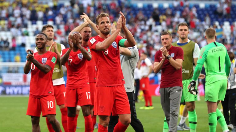 Harry Kane applauds England fans during the 2018 FIFA World Cup Russia Quarter Final match between Sweden and England at Samara Arena on July 7, 2018 in Samara, Russia.