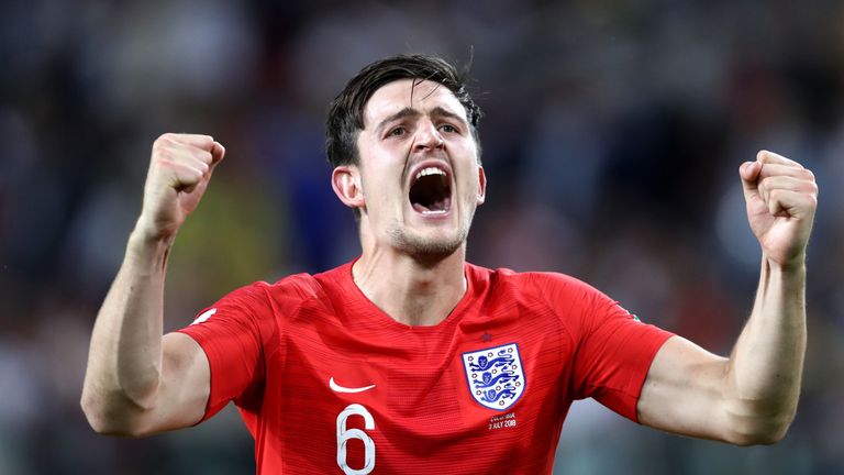 Harry Maguire celebrates England's defeat of Colombia in the last 16 of the 2018 World Cup