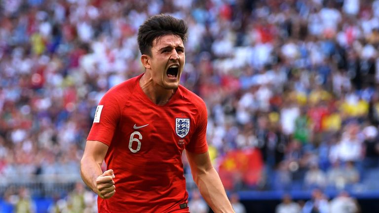 Harry Maguire of England celebrates after scoring his team's first goal during the 2018 FIFA World Cup Russia Quarter Final match between Sweden and England at Samara Arena on July 7, 2018 in Samara, Russia. 