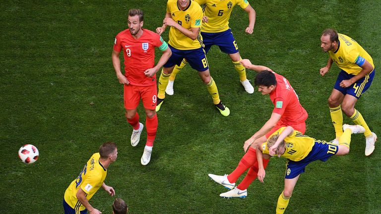 Aerial view of Harry Maguire's headed goal for England during their World Cup quarter-final win over Sweden